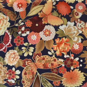 Orange Asian Floral Cotton fabric, Imperial Garden Metallic, Paintbrush , by the HALF YARD ,Continuous Cuts, Home Decor ,Quilting , sewing,