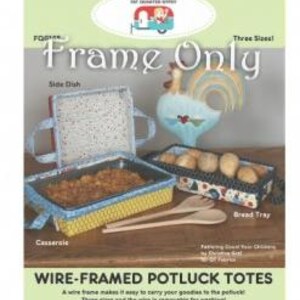 May include: Three sizes of wire-framed potluck totes. The totes are made of fabric and have a wire frame that makes it easy to carry food. The totes are labeled "Side Dish", "Casserole", and "Bread Tray".