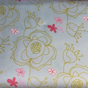 Aqua Line Art Floral Fabric-,Aqua with pink flowers - Dressmaking - by the HALF YARD,  Continuous Cuts, Home Decor ,Quilting , sewing,