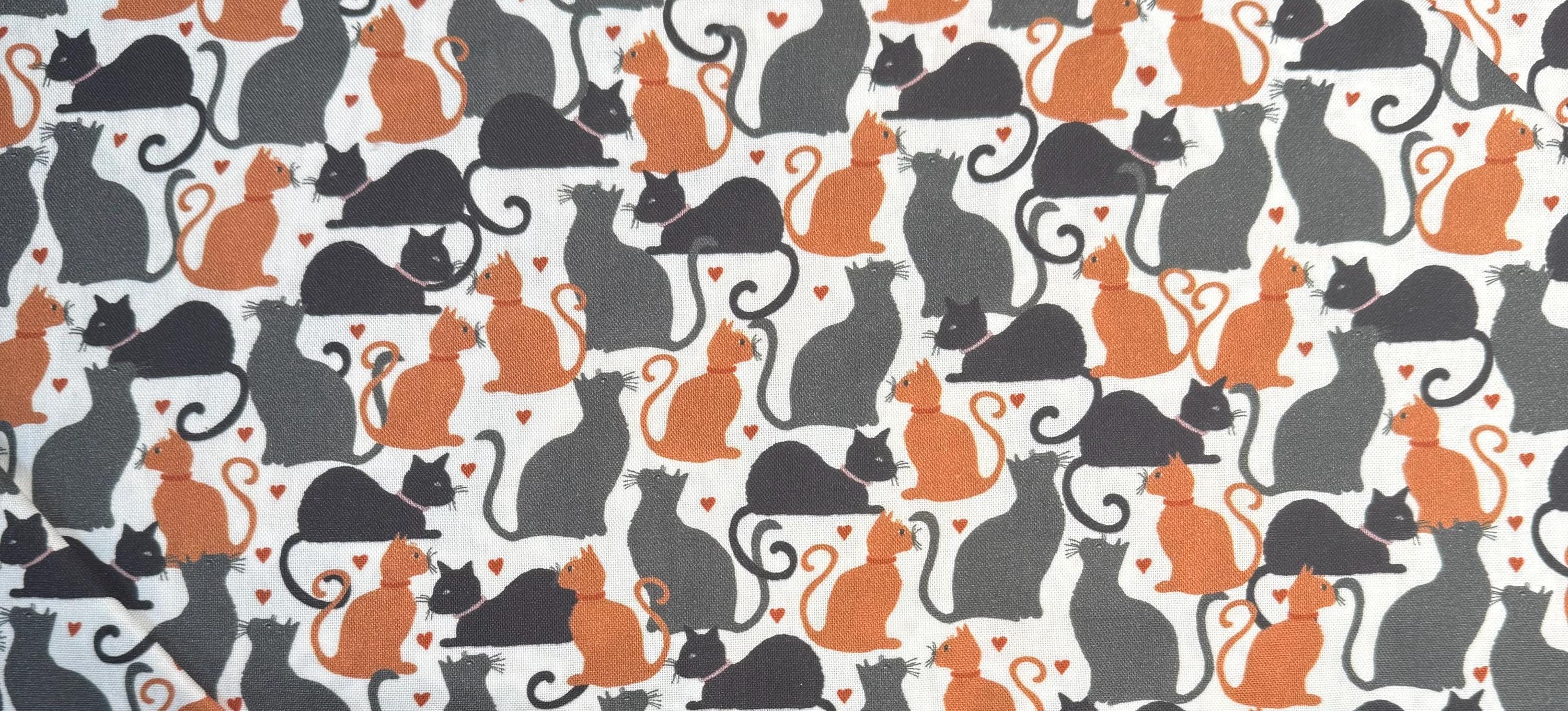 Tessuto Di Cotone Per Bambini Al Metro - 100% Cotone, Motivo Gatto Silhouette Bianco E Grigio (200x160 Cm)
