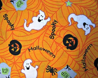 Spider web and ghosts Halloween Cotton fabric,Orange , by the Half Yard ,Continuous Cuts, Home Decor ,Quilting , sewing
