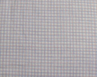 May include: Close-up of a fabric with a grid pattern. The fabric has a white background with a grid of intersecting lines in light blue and pale red. The grid is evenly spaced, creating a textured appearance.