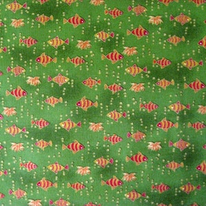 Green Fish Cotton Fabric , Metallic,  by the HALF YARD, Continuous Cuts, Home Decor ,Quilting , sewing