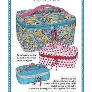 May include: Three train cases in a variety of sizes and patterns. The largest case has a teal and paisley design with a pink handle. The middle case is pink with white polka dots. The smallest case is teal.