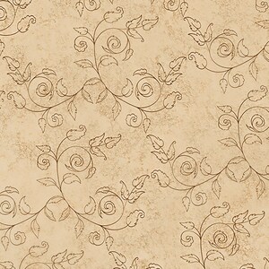 Könnte beinhalten: Nahtloses Muster mit beigem, strukturiertem Hintergrund. Dunkelbraune, stilisierte Blumenranken mit Blättern und Spiralen sind gleichmäßig verteilt und erzeugen einen Vintage-Look. Das Muster wirkt klassisch und dekorativ.