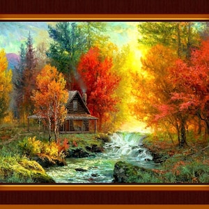 Rustic Home Fabric Cotton  Panel ,Autumn Retreat Cabin Panel, Rustic Autumn Fabric Panel - Cozy Cabin in the Woods - Fall Decoration