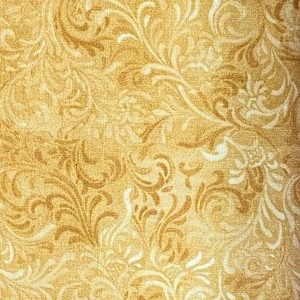 May include: A gold fabric with a white floral pattern. The fabric has a textured surface and a subtle sheen.