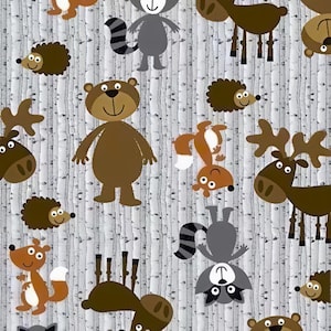Woodland Animals Flannel Fabric, Birch Tree Forest, Quilting Sewing, Half Yard