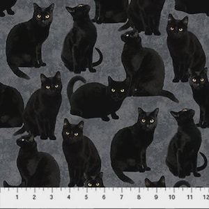 Black Cat Cotton Fabric- Halloween Eve, by the HALF YARD - Continuous Cuts, Home Decor ,Quilting , sewing, crafting supplies