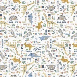 Dino Baby Boy Cotton Flannel Fabric  -White Dino Words - by the HALF YARD ,Continuous Cuts, Home Decor ,Quilting , sewing,