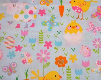 Easter Cotton Fabric, Blue Bunny, Chicks, Flowers, Quilting Sewing