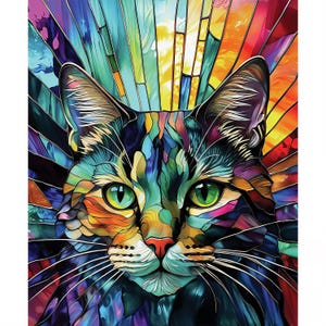 May include: A vibrant, multi-coloured cat portrait featuring a stained-glass aesthetic. The feline has striking green eyes, a pink nose, and long white whiskers. The background consists of radiating shards of bright blue, yellow, and red.