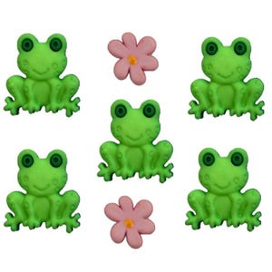 Pacote de botões Happy Frogs - 5 peças, sapo, 2 flores -, reserva de sucata, diário de sucata, criação de cartões, enfeites artesanais