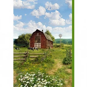 May include: A scenic landscape featuring a red barn with white accents, a wooden fence, and a windmill under a bright blue sky with fluffy white clouds. Cows graze in the green pasture, and wildflowers bloom in the foreground.