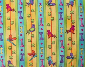 Tela de algodón a rayas con diseño de huesos de perro y pájaros, para acolchado y costura, media yarda