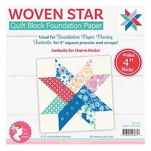 May include: Woven Star quilt block foundation paper. The package features a colorful star design made of various fabric patterns. The text on the package indicates it is used for foundation paper piecing and makes 4-inch blocks. The package contains 42 sheets per pad.