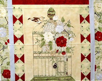 Bird Cage Cotton Fabric Panel, Garden Quilt Panel , Pearl Louise