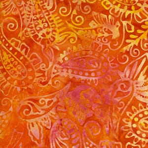 Orange Paisley Cotton Batik Fabric- Yellow ,Island Jewels- by the yard,Continuous Cuts, Home Decor ,Quilting , sewing, crafting supplies