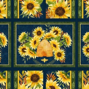 Sunflowers and Bee Hive Fabric Panel- Autumn Sun Floral - Wilmington Prints Fabric