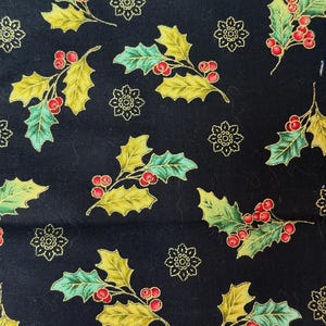 Black Holly Cotton fabric- Christmas Gold Metallic, Henry Glass,  by the HALF YARD ,Continuous Cuts, Home Decor ,Quilting , sewing,