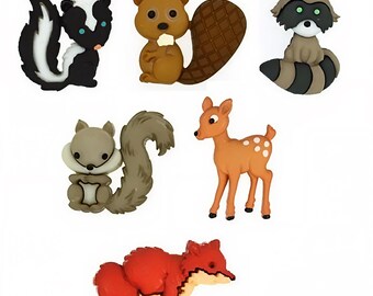 Backyard Animals Button Pack, Skunk, Fox, Deer, Beaver, Squirrel, Raccoon Crafts