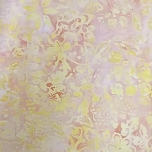 May include: An abstract floral pattern in pale yellow and pink. The design features overlapping, stylized flower and leaf shapes, creating a textured, watercolour-like effect. The background is a light pink, with subtle variations in tone.