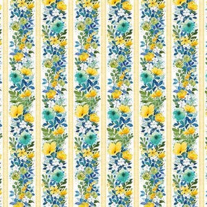 Può includere: Un motivo ripetuto di strisce verticali con disegni floreali. Le strisce si alternano tra giallo pallido e bianco. I disegni floreali presentano fiori gialli, verde acqua e bianchi con foglie verdi e accenti blu.