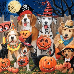 Halloween Tricksters Digital Panel , Happy dogs, 100% Cotton Fabric,   36" panel,