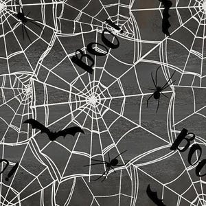 May include: A seamless pattern featuring white spiderwebs on a dark gray background. The design includes black silhouettes of spiders and bats scattered throughout the web motifs, along with the word BOO printed in a bold, black, sans-serif font.