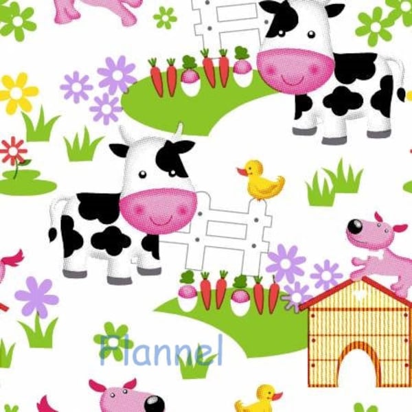 Cotton Flannel Fabric, White Barnyard , Cow Print ,  by the yard