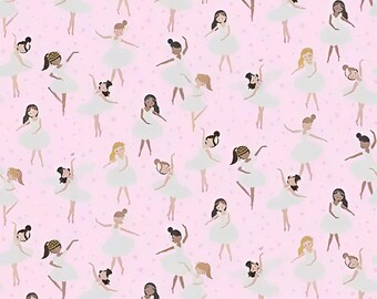 以下が含まれることがあります： 薄いピンク色の背景に、白いドレスとさまざまな髪型をした漫画のバレリーナの繰り返し模様。ダンサーはさまざまなポーズをとっており、腕を上げている人もいれば、ダンスの姿勢をとっている人もいます。背景には小さな白いハートの形があります。