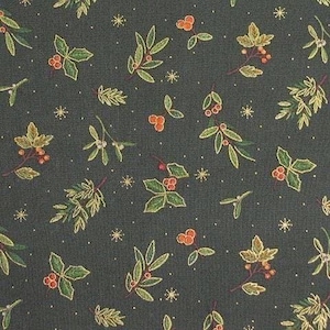 Green Christmas Holly cotton fabric,Gold Metallic,   by the HALF YARD -Continuous Cuts, Home Decor ,Quilting , sewing,