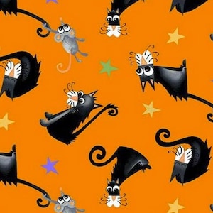 Halloween Cat Cotton Fabric, Orange unique glow-in-the-dark -Halloween Novelty, Black Cat -By the HALF YARD, Home Decor ,Quilting , sewing