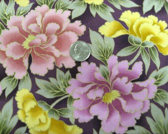 Large Floral Cotton Fabric, Plum with Gold Metallic Flowers, By The Half Yard