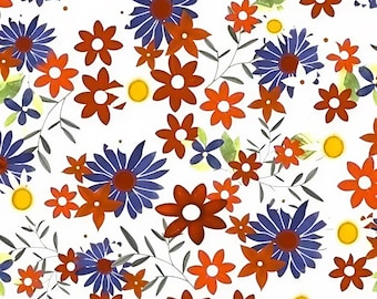 May include: A floral pattern featuring watercolor-style flowers in shades of red, blue, and yellow against a white background. The design includes various flower sizes and shapes, with green leaves and stems. The overall effect is a bright and cheerful botanical design.