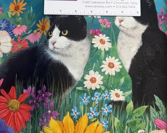 トートバッグ用コットン生地パネル、白黒猫柄、花柄プリント（24インチ