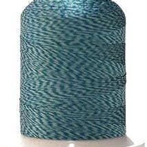 May include: A spool of teal-colored thread with a white base. The thread is tightly wound, showing a subtle pattern of lighter and darker shades of teal. The spool is approximately 2 inches tall.