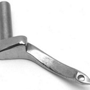 May include: A silver sewing machine foot with a curved needle and a small hole near the tip.