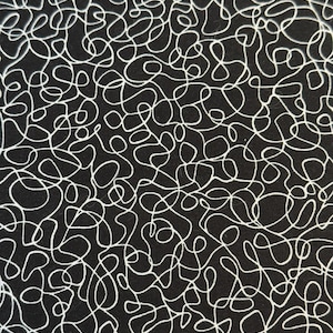 May include: Black fabric with a white abstract pattern of squiggly lines.