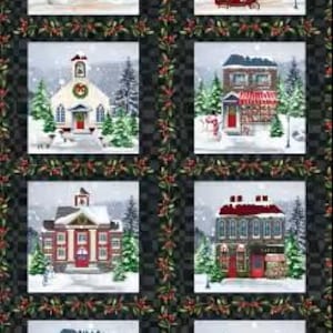 Op de afbeelding: Een stoffen paneel met acht winterdorpscenes. Elke scene toont een met sneeuw bedekt gebouw met kerstbomen. Het paneel is omlijst met een zwart-grijs geruit patroon en een hulstbessenrand. De gebouwen hebben verschillende kleuren.