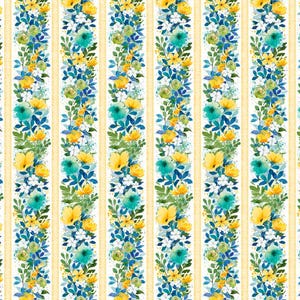 Sunlit Floral Border Cotton Fabric, by the Half Yard -Yellow, blue , Sunlit Serenade,  Continuous Cuts, Home Decor ,Quilting , sewing,