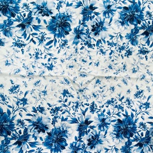 Blue Floral Cotton Fabric- Silver Metallic  Quilting Cotton  Fabric-  Home decor, Quilting, Sewing-32&quot; x 43&quot;,End of bolt-