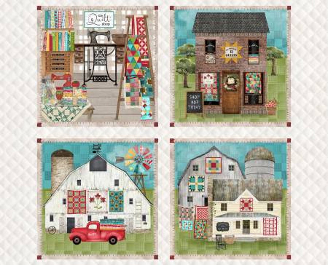 Shop Hop Fabric Panel Art - Sewing Machines and Building Scene by 3 ...