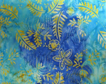Aqua Blue Floral Batik Cotton Fabric – Tropical Hawaiian Design, Benartex Quilting Material, by half yard