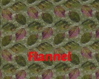Flannel Floral Fall Leaves Fabric, Green, English Cottage,by the yard