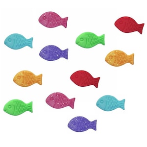 Puede incluir: Surtido de diez decoraciones para pasteles con forma de pez brillantes en varios colores, incluidos azul, verde, naranja, rosa, morado y rojo.