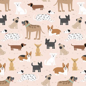 Pode incluir: Um padrão repetitivo de várias raças de cães, incluindo dálmatas, dachshunds e pugs, em um fundo rosa claro. Os cães são retratados em um estilo de desenho animado com uma variedade de cores e marcas.