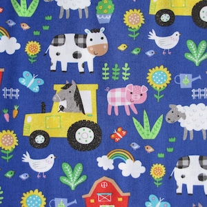 Blue Farm Fabric,  by the HALF YARD - Cute Farm Animal Blue Farm Design,Continuous Cuts, Home Decor ,Quilting , sewing