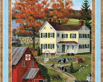 Autumn fabric Panel-Grove Farm Quilt panel- Farm House and Barn