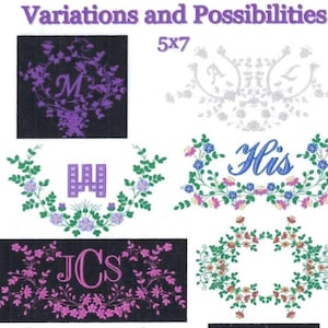 May include: A collection of floral embroidery designs, including monograms and the word "His", are shown. The designs feature various colours and styles, with the text "Variations and Possibilities" and "5x7" at the top.